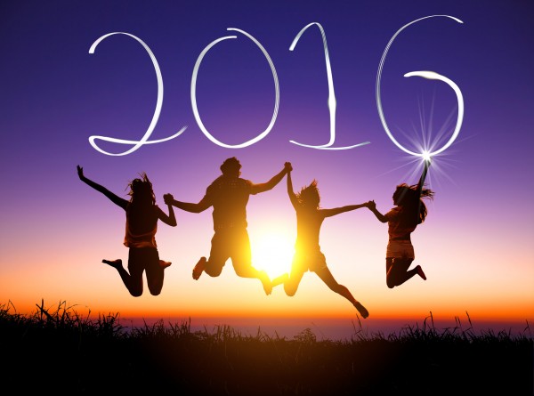 young group jumping and happy new year 2016 concept